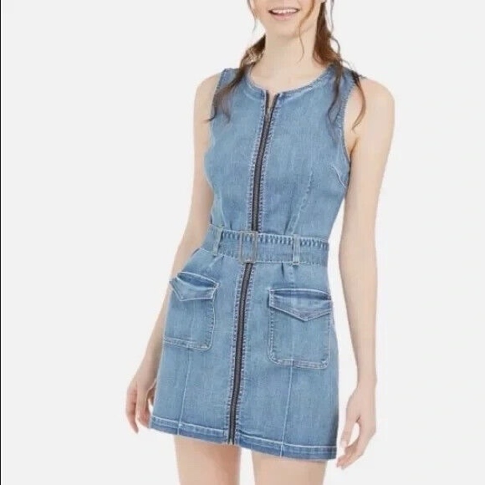 Rewash Blue Denim Mini Dress with Front Zip & Belt